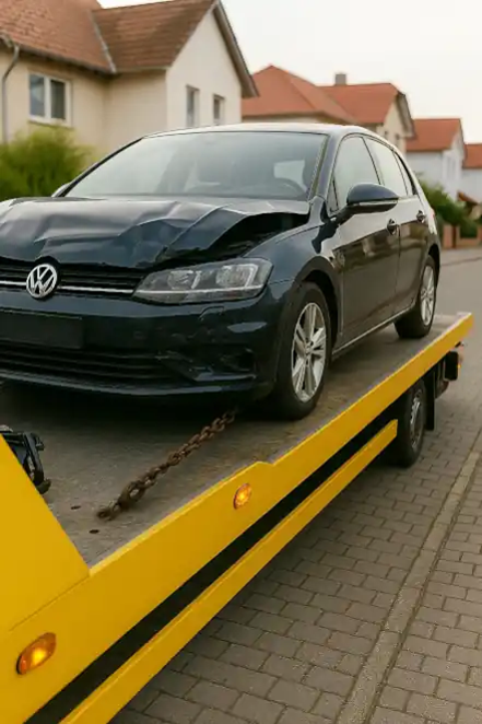 Ein defektes Fahrzeug, das im Rahmen des Autoankaufs in Iserlohn professionell abgeschleppt wird.